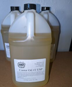 3 opaque gallon jugs, filled most of the way up with a pale yellow liquid. Label reads Castor oil with a description