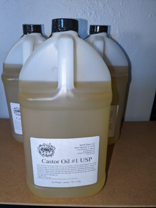 3 opaque gallon jugs, filled most of the way up with a pale yellow liquid. Label reads Castor oil with a description